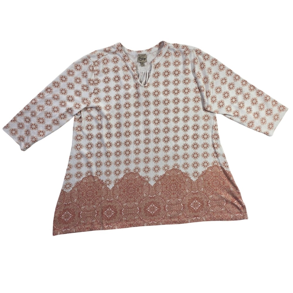 Como Vintage Women XL Boho Geometric Paisley Border Print 3/4 Sleeve Tunic Top